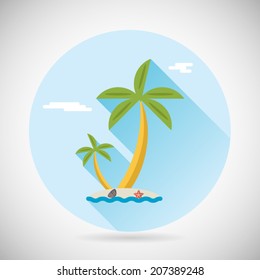 Sea Beach Holiday Vacation Symbol Ocean Island Palm Clouds Icon On Stylish Background Modern Flat Design Vector Illustration