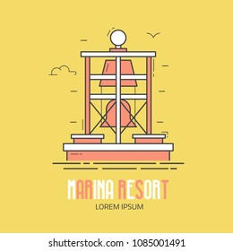 Sea beach hotel logo or label template for summer travel agency. Marina resort logotype with floating bell buoy in thin line design. Sea navigation icon.