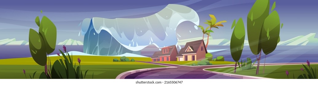 Sea beach with houses and tsunami wave. Panorama with natural disaster, ocean storm. Vector cartoon illustration of tropical landscape with buildings, road and trees flood by big water wave