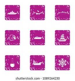 Sea beach icons set. Grunge set of 9 sea beach vector icons for web isolated on white background