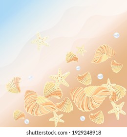 Sea beach illustration with ocean wave, cockleshells and starfishes.