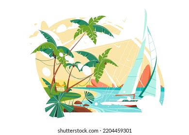 Sea beach island, summer landscape of ocean shore vector illustration. Palm trees on sand beach flat style concept. Seascape panorama