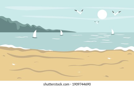 Sea beach landscape. Cartoon summer sunny day, ocean view horizontal panorama, water sand and clouds. Vector illustration beach vacation background