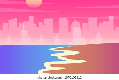 Sea and beach landscape concept. Summer beach sunset. vector illustration