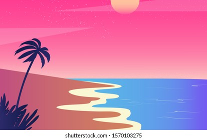 Sea and beach landscape concept. Summer beach sunset. vector illustration