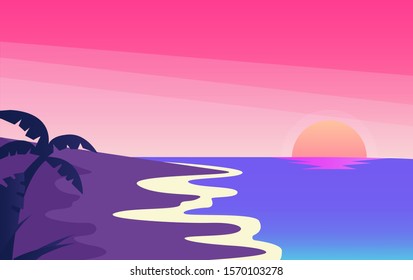 Sea and beach landscape concept. Summer beach sunset. vector illustration