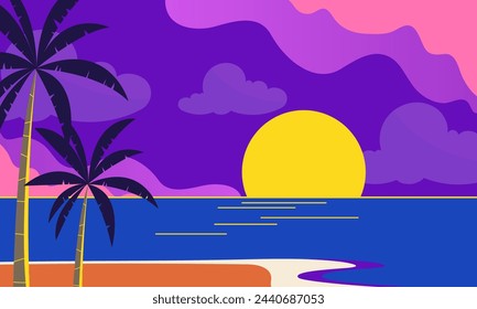 Sea and beach landscape concept. Summer beach sunset. vector illustration