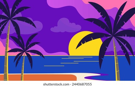 Sea and beach landscape concept. Summer beach sunset. vector illustration