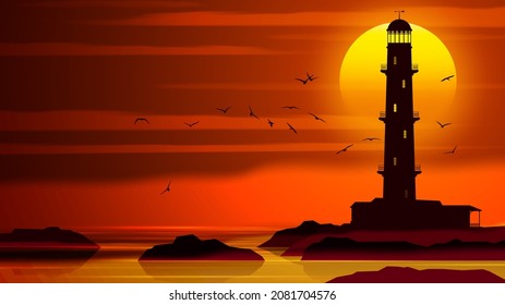 Sea beach landscape with lighthouse at sunset, vector background.