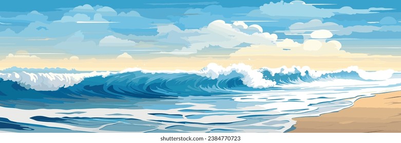 Sea beach landscape, ocean view panorama, sand wave and clouds, vector illustration background