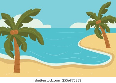 sea beach landscape with palm trees; summer vacation; tropical travel concept- vector illustration