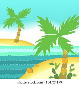 Sea beach landscape with palms - vector