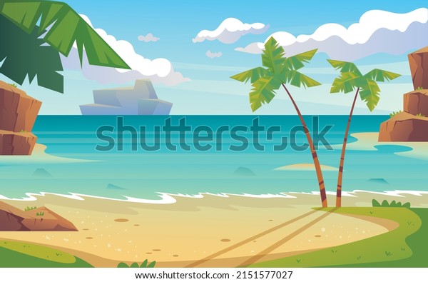 Sea beach landscape resort\
tourism summer banner poster concept. Vector cartoon design\
illustration