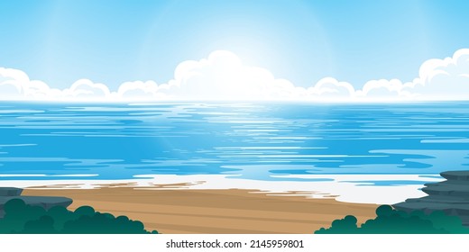 Sea beach landscape. There are rocks on the beach and clouds in the blue sky.