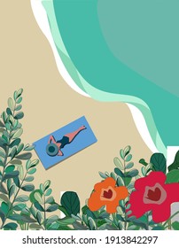 A sea and beach landscape view that shows sea water, waves, sand, sky, tropical botanically, people and sea activity in summer time. Vector project.