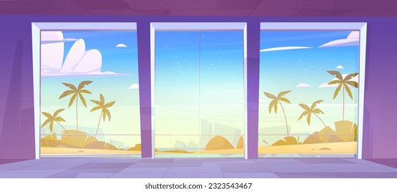 Vista de los paisajes marítimos y de playa desde ilustraciones vectoriales de habitaciones de hoteles tropicales. Casa interior vacía cerca del océano y la palmera para unas vacaciones mediterráneas tranquilas. Banner de paraíso horizontal