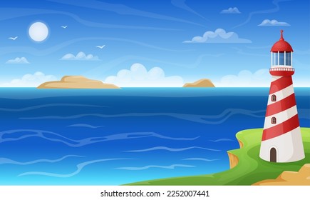 Sea beach. Lighthouse on cliff island. Summer seascape. Ocean scene. Nautical navigation. Marine water waves. Scenic coastline. Nature landscape. Vector illustration tidy background