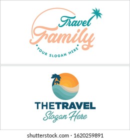 Sea beach logo design vector circle lettering tree palm and sun wave water suitable for travel holiday recreation hotel family recreation outdoor