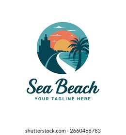 Logotipo da praia do mar com palmeira e pôr do sol