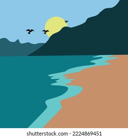 Playa marina con ilustración vectorial de vista de montaña