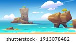 Sea beach, mountains in water and clouds in blue sky. Vector cartoon summer landscape of ocean shore, rock islands with green trees and stones. Seascape panorama, vacation and resort concept