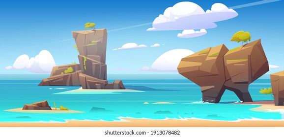 Sea beach, mountains in water and clouds in blue sky. Vector cartoon summer landscape of ocean shore, rock islands with green trees and stones. Seascape panorama, vacation and resort concept