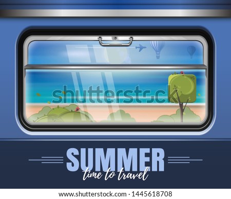 Sea and the beach outside the train window. Summer time to travel. Vector illustration