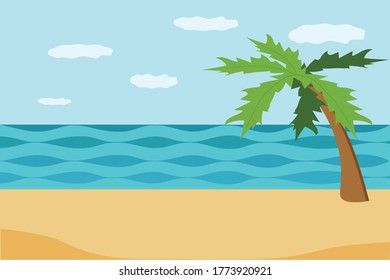 Sea, beach and palm summer landscape in vector flat style. banner background for design. vacation, trip. copy space, place for text