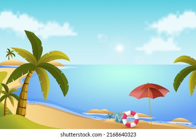 Playa de mar con fondo de hojas de palmera, verano Vector