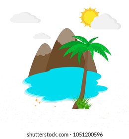 Sea, beach with palm tree and mountains in flat design. Vector illustration. Travel or vacation concept