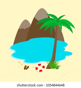 Sea, beach with palm tree and mountains in flat design. Vector illustration. Travel or vacation concept