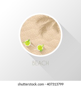 Sea beach with palm trees and cocktails. Vector illustration.