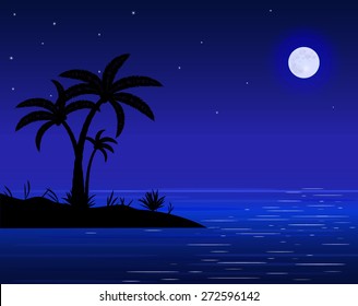 sea beach with palm trees in night