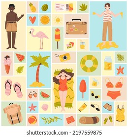 Sea beach party, summer vacation set vector illustration. Cartoon scrapbook summertime collection with sunbathing people in bikini, luggage, exotic dessert and drink in geometric collage background