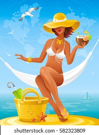Sea beach people travel banner, summer holidays symbol. World map background. Concept vector illustration bag, starfish, parasol, sexy young girl relaxing in hammock, hawaiian luau party cocktail
