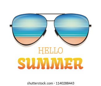 Sea and the beach are reflected in sunglasses. Hello summer. Summer design. Vector illustration isolated on white background