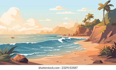 Sea beach, rock islands in water and clouds in blue sky. Vector cartoon summer landscape of ocean shore, mountains, green grass and palm trees on sand beach. Seascape panorama