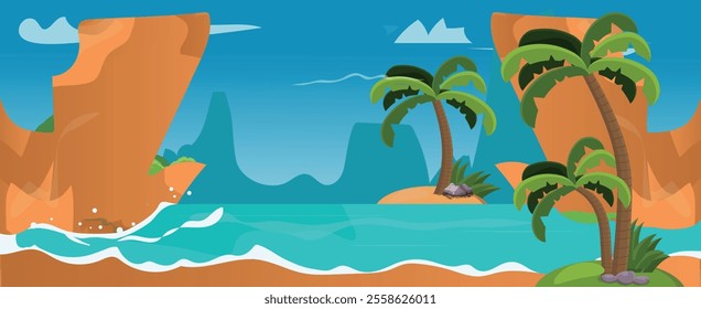 Sea beach, rocky islands in the water and clouds in the blue sky. Vector cartoon summer landscape of ocean coast, mountains, green grass and palm trees on sandy beach. Seascape panorama.