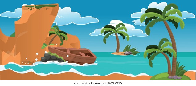 Sea beach, rocky islands in the water and clouds with blue sky. boat wreck on the ocean coast, mountains, green grass and palm trees on the sandy beach. vector illustration.