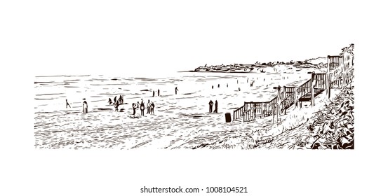 Sea Beach in San Diego City, California, USA. Hand drawn sketch illustration in vector.