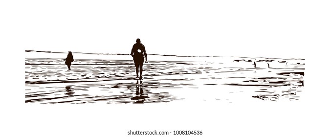 Sea Beach in San Diego City, California, USA. Hand drawn sketch illustration in vector.