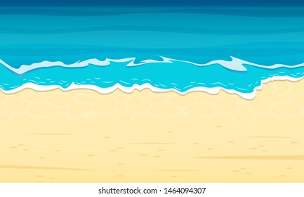 Sea beach with sand and blue waves. Top view. Ocean coast background. Vector illustration.