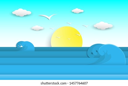 Sea and beach scene in summer with  sun, wave and cloud decoration. scene of the blue sea with big waves. summer time scenery in paper cut and craft style. vector, illustration.
