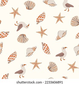 Sea beach seamless pattern. Ocean Fashion Textile Blue, White Background. Seashore Elements Texture. Cute seamless pattern with seashells drawn in sketch style. Summer vector print.