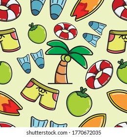 Sea and Beach Seamless Pattern Vector With Cute Element