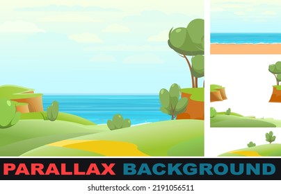 Sea beach. Set parallax effect. Summer seascape. Far away is the ocean horizon. Calm weather. Flat style illustration. Vector