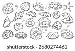 Sea and beach shells line icons set. Outline hand drawn seashells collection with starfish and scallop, oyster with pearl and conch. Nature mascots, aquatic simple shells icons vector illustration