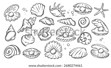 Sea and beach shells line icons set. Outline hand drawn seashells collection with starfish and scallop, oyster with pearl and conch. Nature mascots, aquatic simple shells icons vector illustration