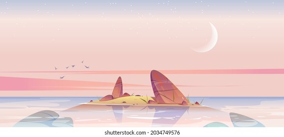 Sea Beach And Small Island In Water With Rocks In Morning. Vector Cartoon Landscape Of Ocean Or Lake Coastline, Sand Shore With Stones, Moon And Stars In Sky After Sunset