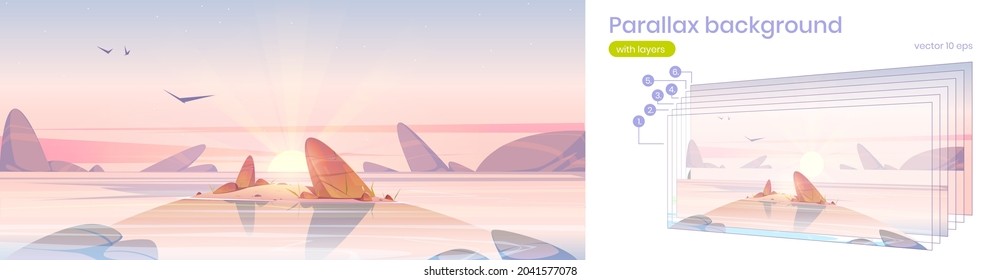 Sea beach, small island in water with rocks and rising sun at morning. Vector parallax background with layers of cartoon sunrise landscape of ocean or lake coastline, sand shore with stones